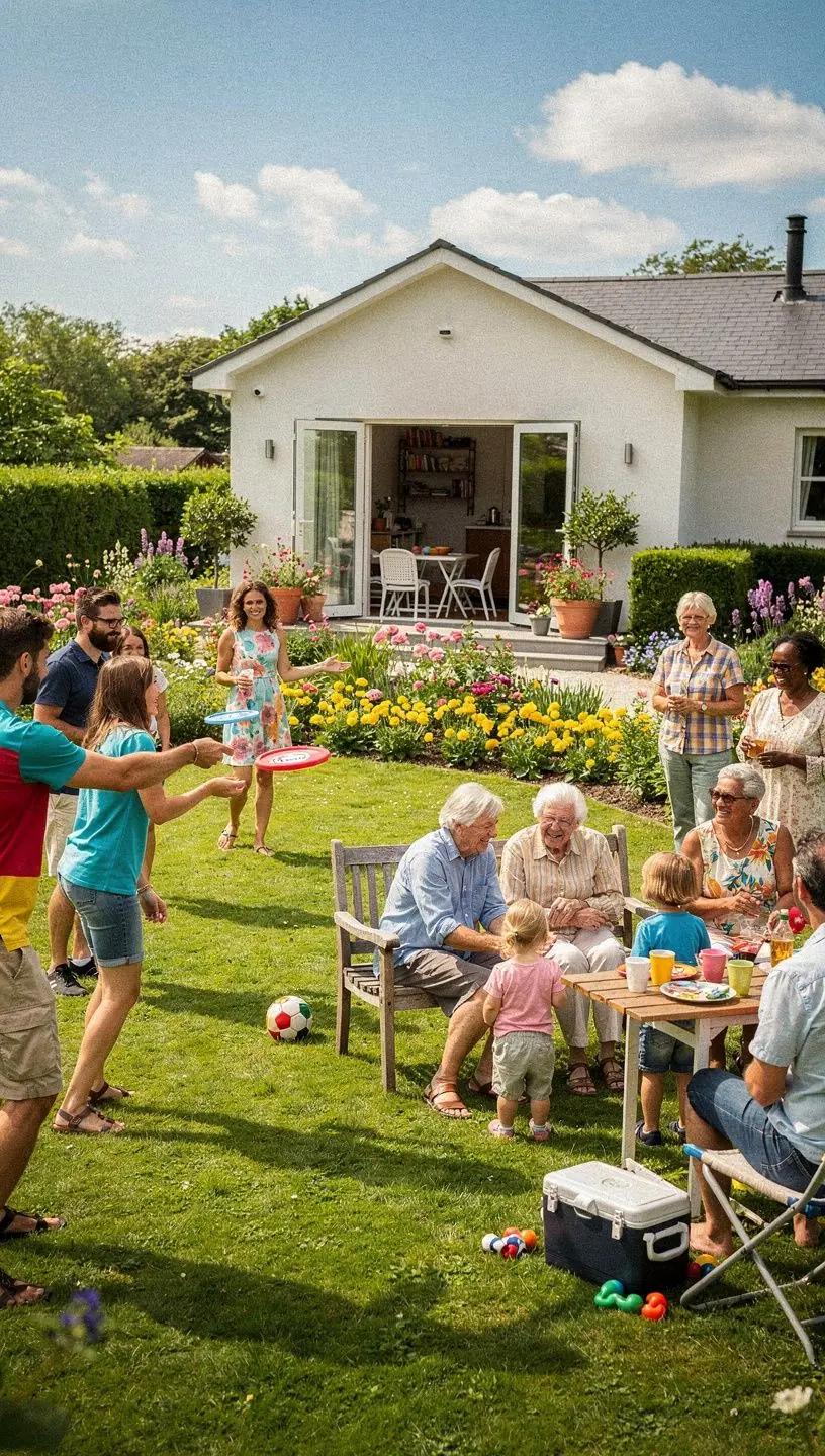 Детали ландшафтного дизайна с цветущими растениями и ухоженной газоном.