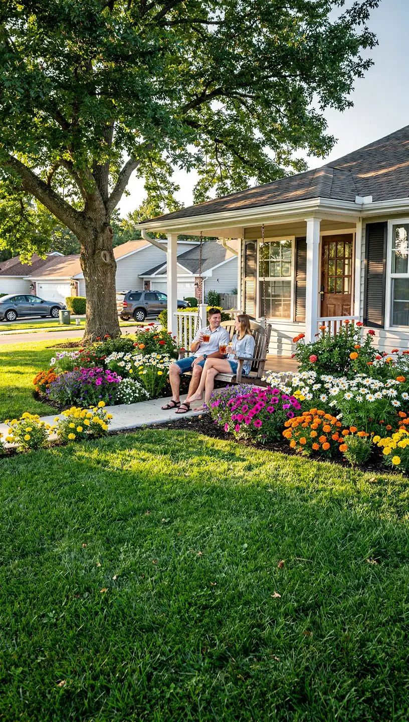 Солнечный сад с ухоженной травой и цветами, идеально подходящий для отдыха на свежем воздухе.