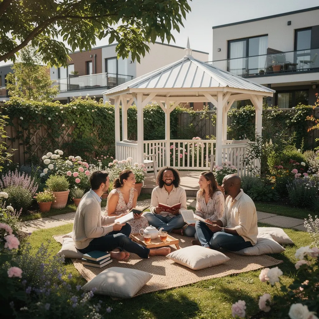 Изображение уютного дома с красивым садом и ухоженным двором.