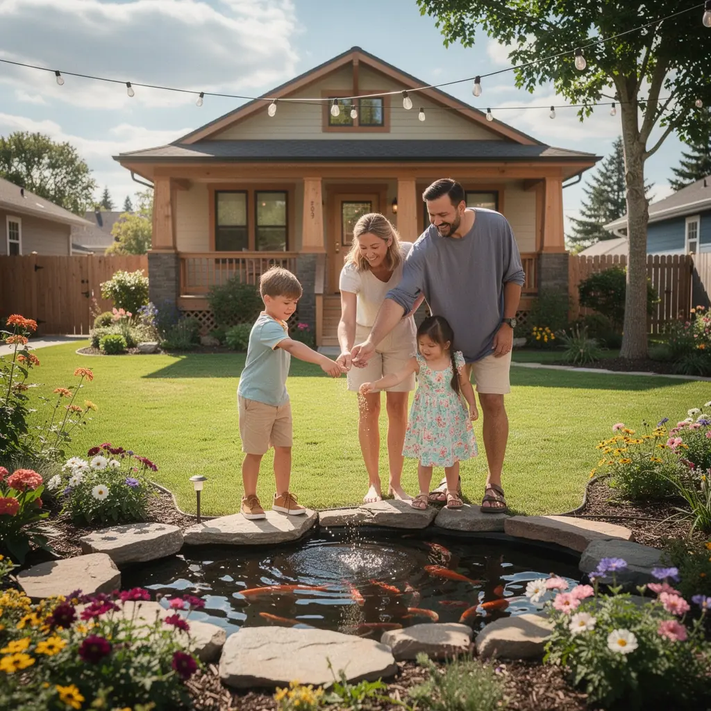 Просторный двор с беседкой и зоной для барбекю, идеально подходящий для семейных встреч.