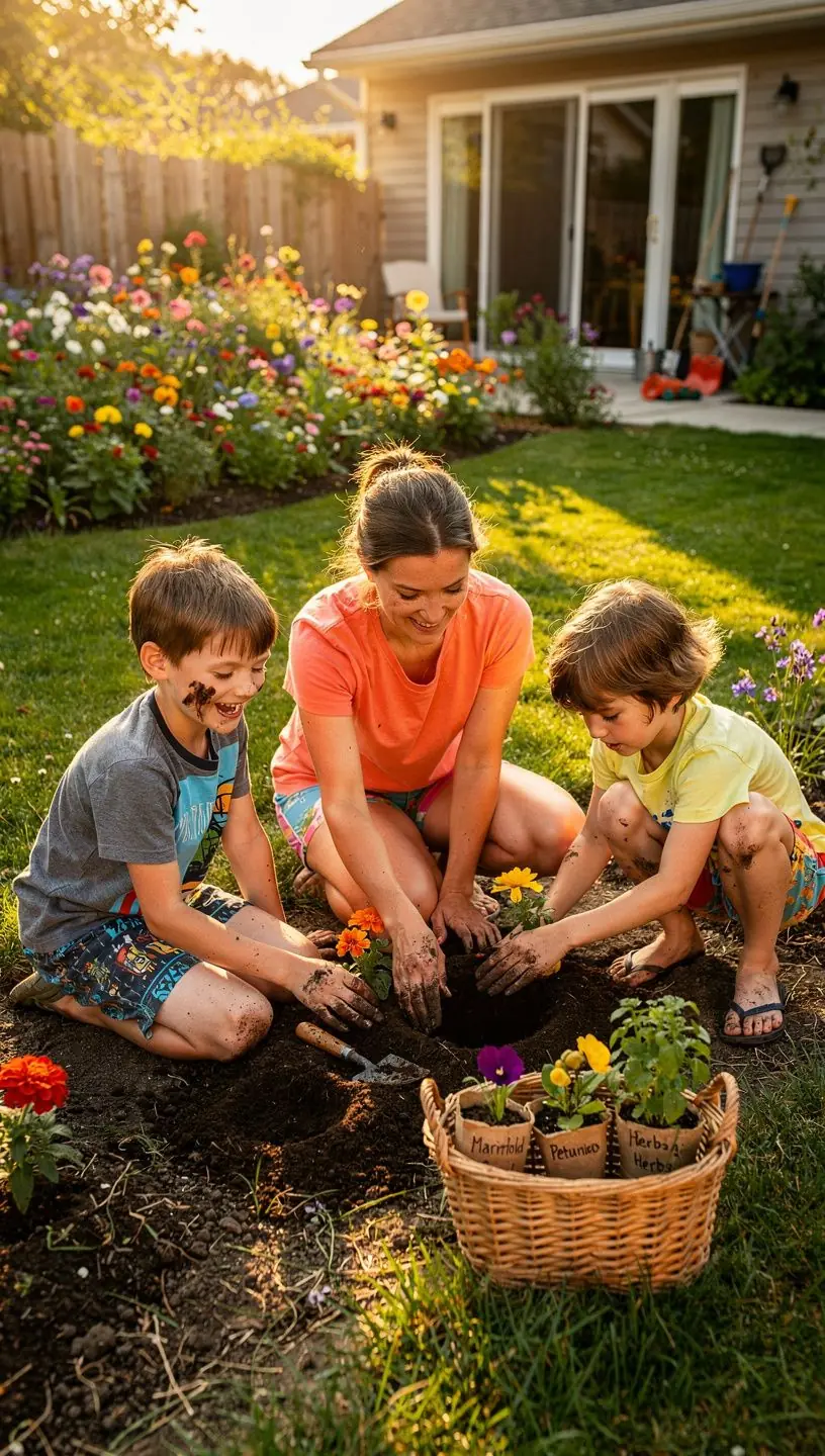 Просторный двор с газоном и цветниками, идеально подходящий для отдыха.