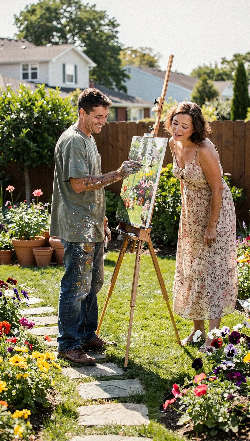 Вид на дом с цветущими растениями и дорожками, ведущими к входу.