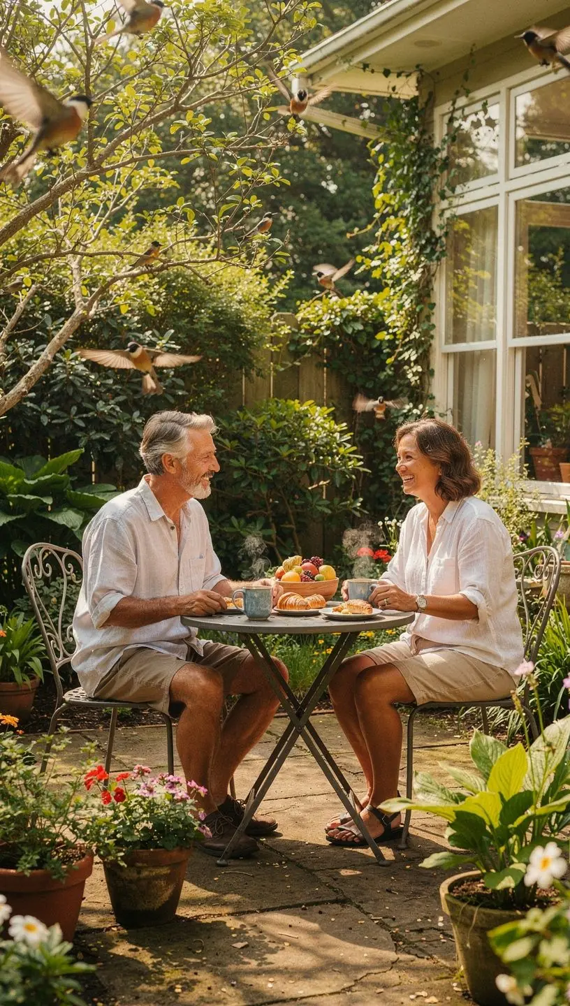 Светлая комната с большими окнами, выходящими на ухоженный сад.